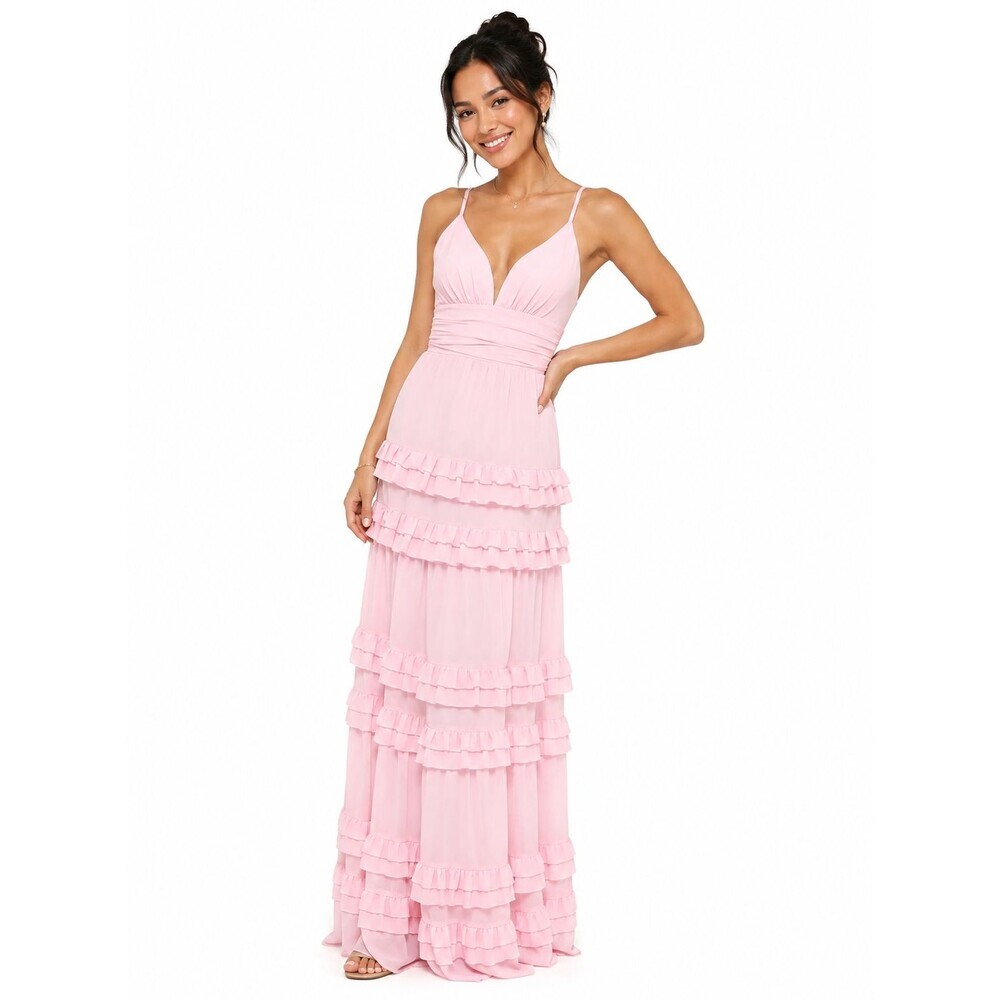 Lulus Lavish Perfection Maxi Dress Small PInk Ruffled Tiered Formal Gown NEW